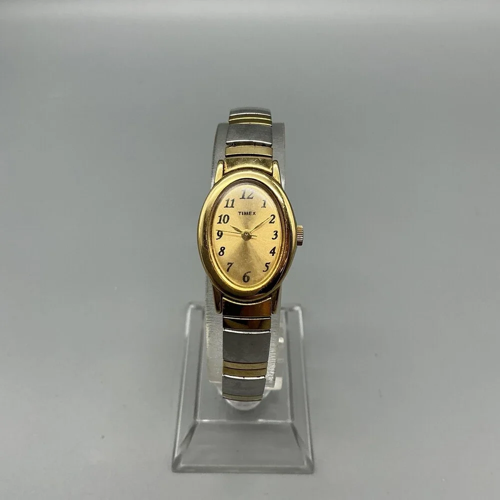 Timex Womens Watch 18mm Champagne Dial Two Tone Gold Silver Stretch New Battery